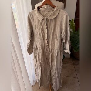 Old Linen Mill Linen Button Front Dress Peter Pan Collar Beige Size L